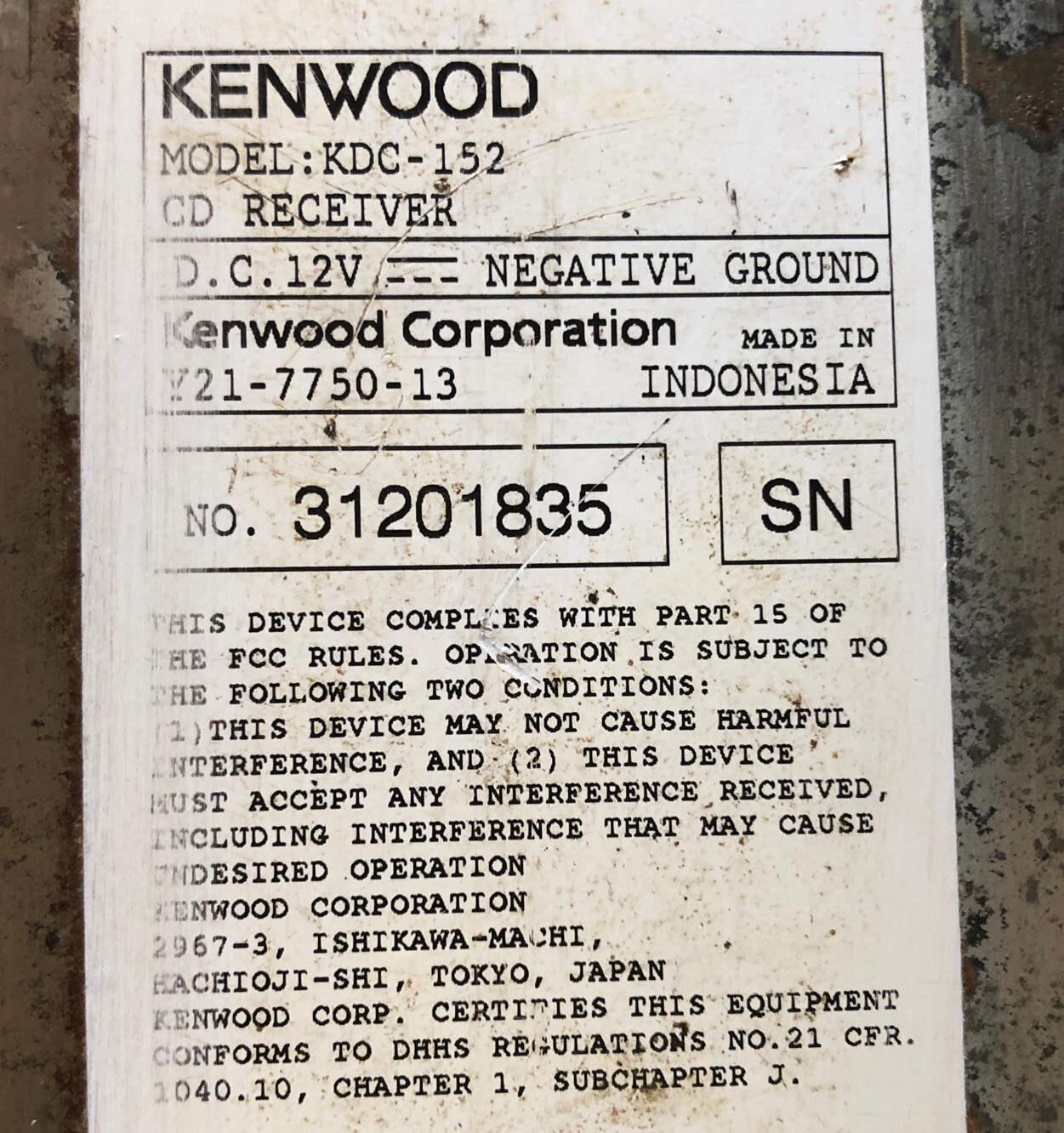Kenwood CD Player Reciever In-Dash Model KDC-152. UNTESTED