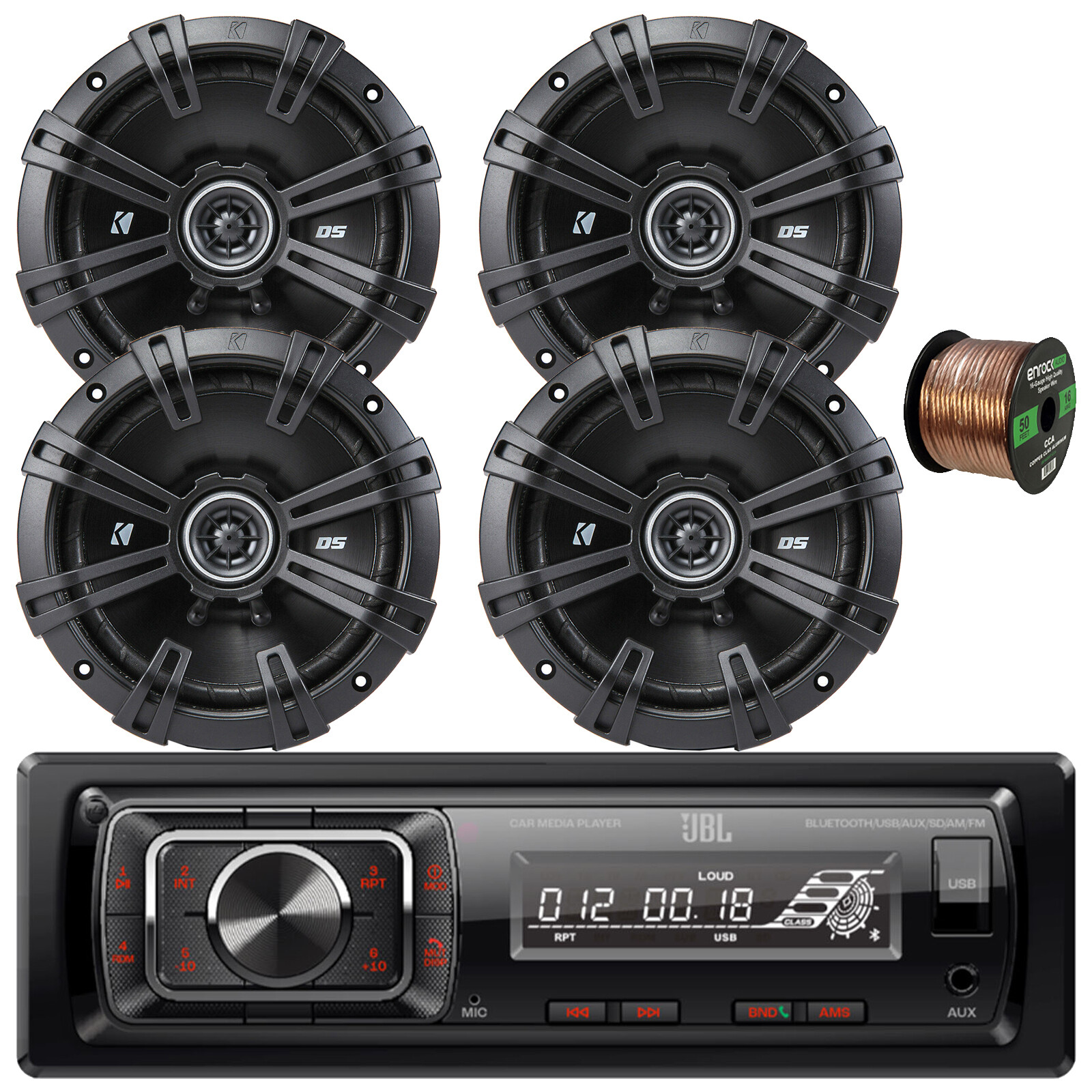 JBL 1-DIN Bluetooth FM Radio USB/AUX SD Stereo, 4x 6.75″ 240W Max Speakers