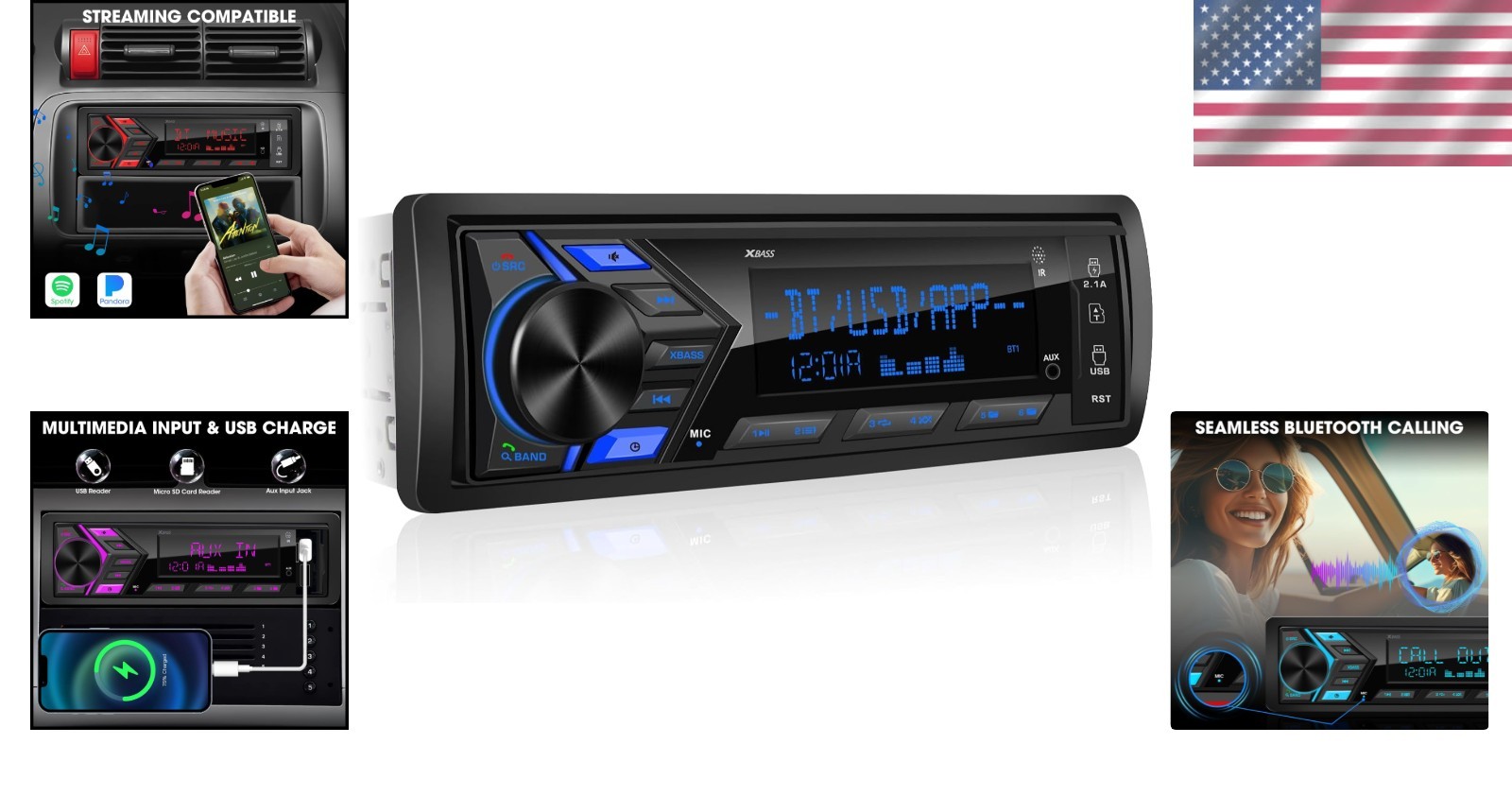 Single Din Bluetooth Receiver with 7-Color Illumination and RCA Outputs
