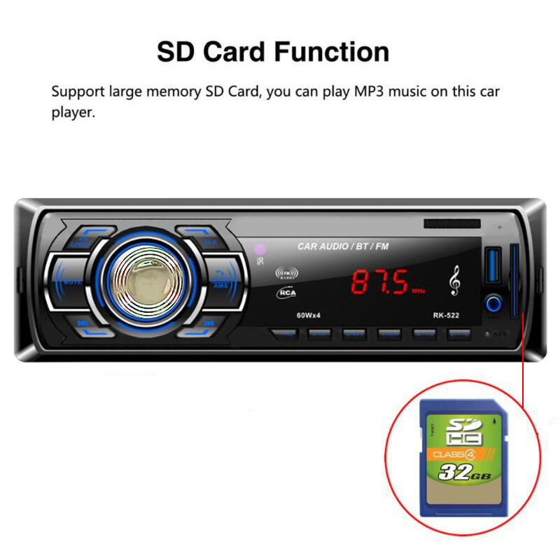 Single 1 Din Car Stereo MP3 Player Bluetooth In-Dash FM Radio Head Unit AUX/USB