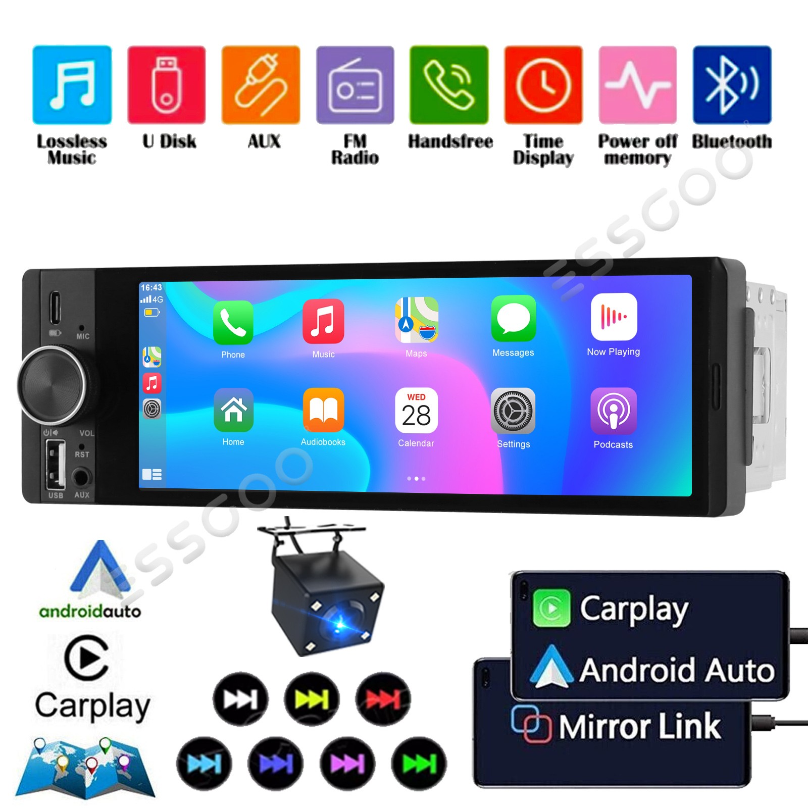 6.36 Inch Single 1 Din Car Stereo Radio Bluetooth CarPlay Touchscreen BT FM +CAM