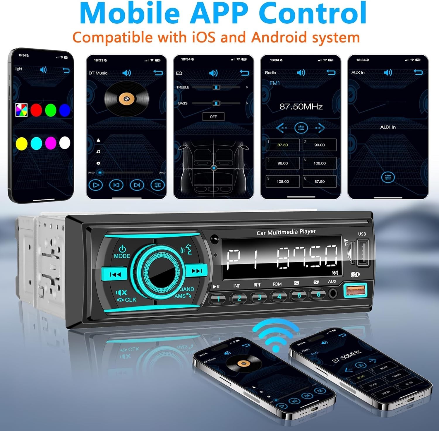 Bluetooth Single Din Car Stereo with Fast Charging, FM Radio & Voice Assistant