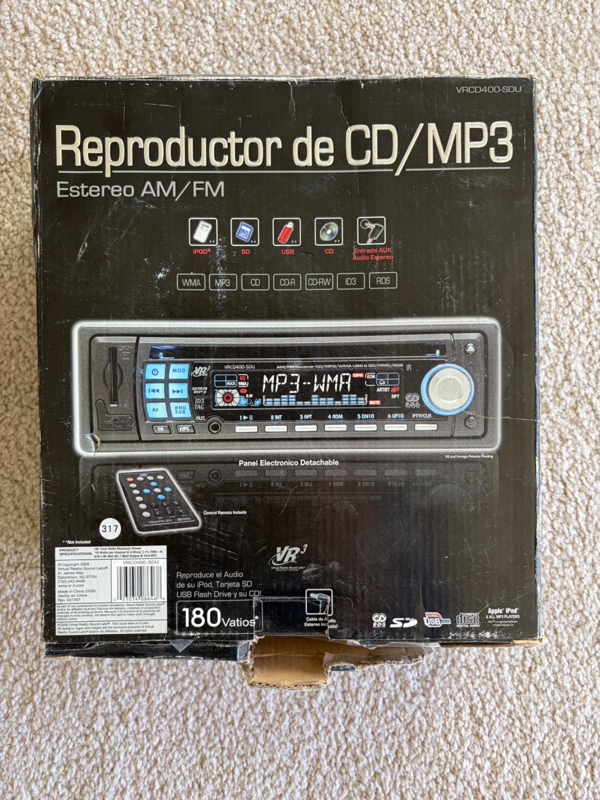 VR3 VRCD400-SDU AM/FM CD MP3 Car Stereo USB SD AUX 180W New Open Box