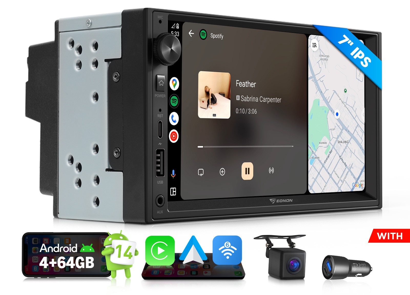Eonon UX7A Android Auto 7″ Car Stereo 4+64 IPS CarPlay GPS Navigation Head Unit