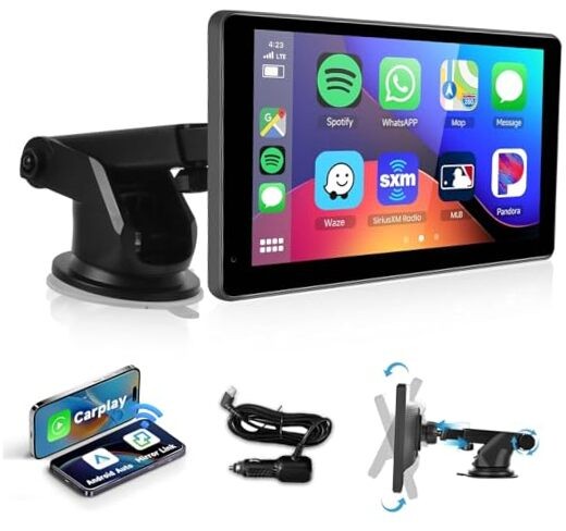 Wireless Carplay Screen for Car,7inch 1080P HD IPS Touch Screen Portable Car