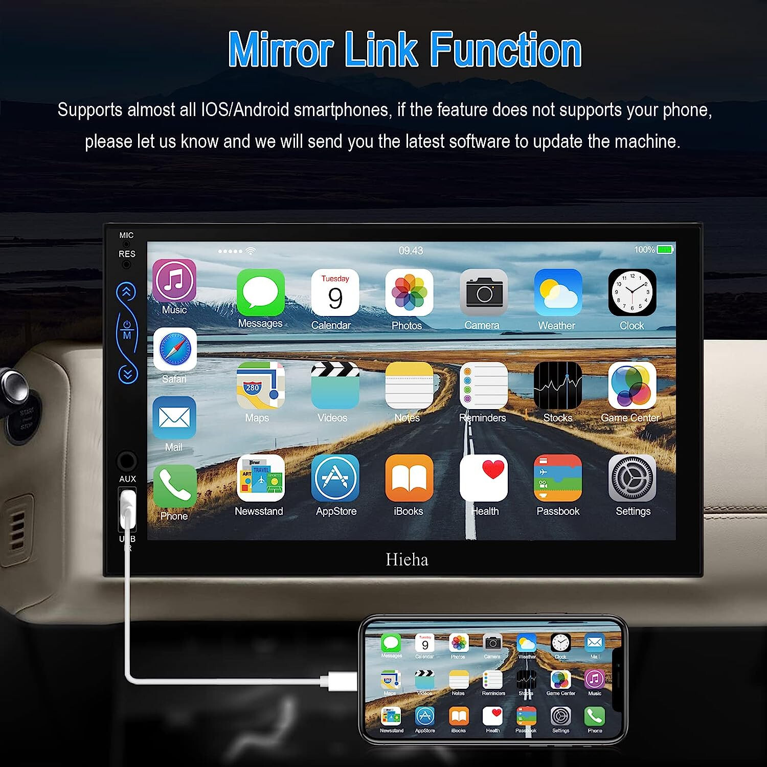 2-DIN 7″ Bluetooth Car Play,Android Auto, MP5, Mirror Link, SWC, With A/V Input