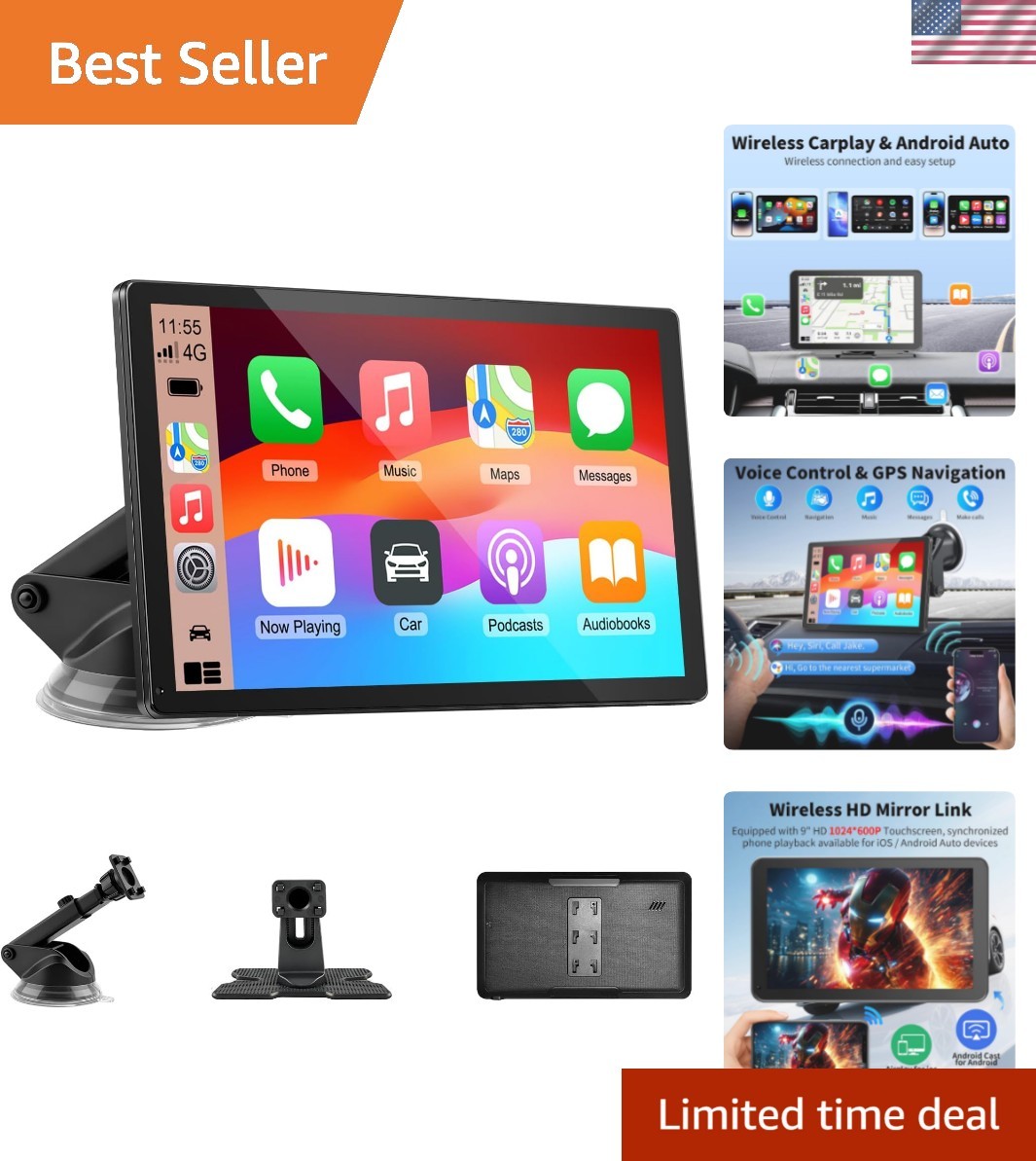 Wireless 9-Inch HD CarPlay Screen with Voice Control & Mirror Link Functionality