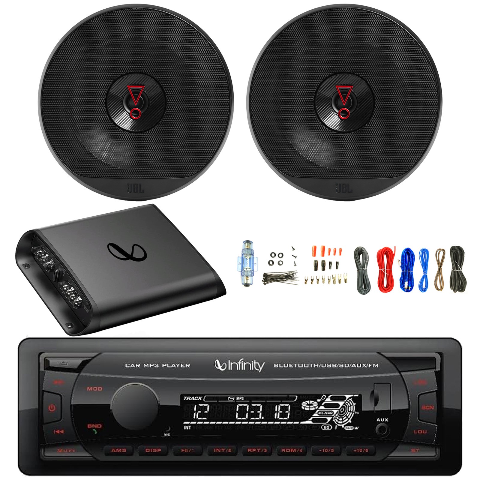 Infinity Single DIN Bluetooth FM Radio Receiver, 2x 6.5″ 225W Speaker, Amp w/Kit