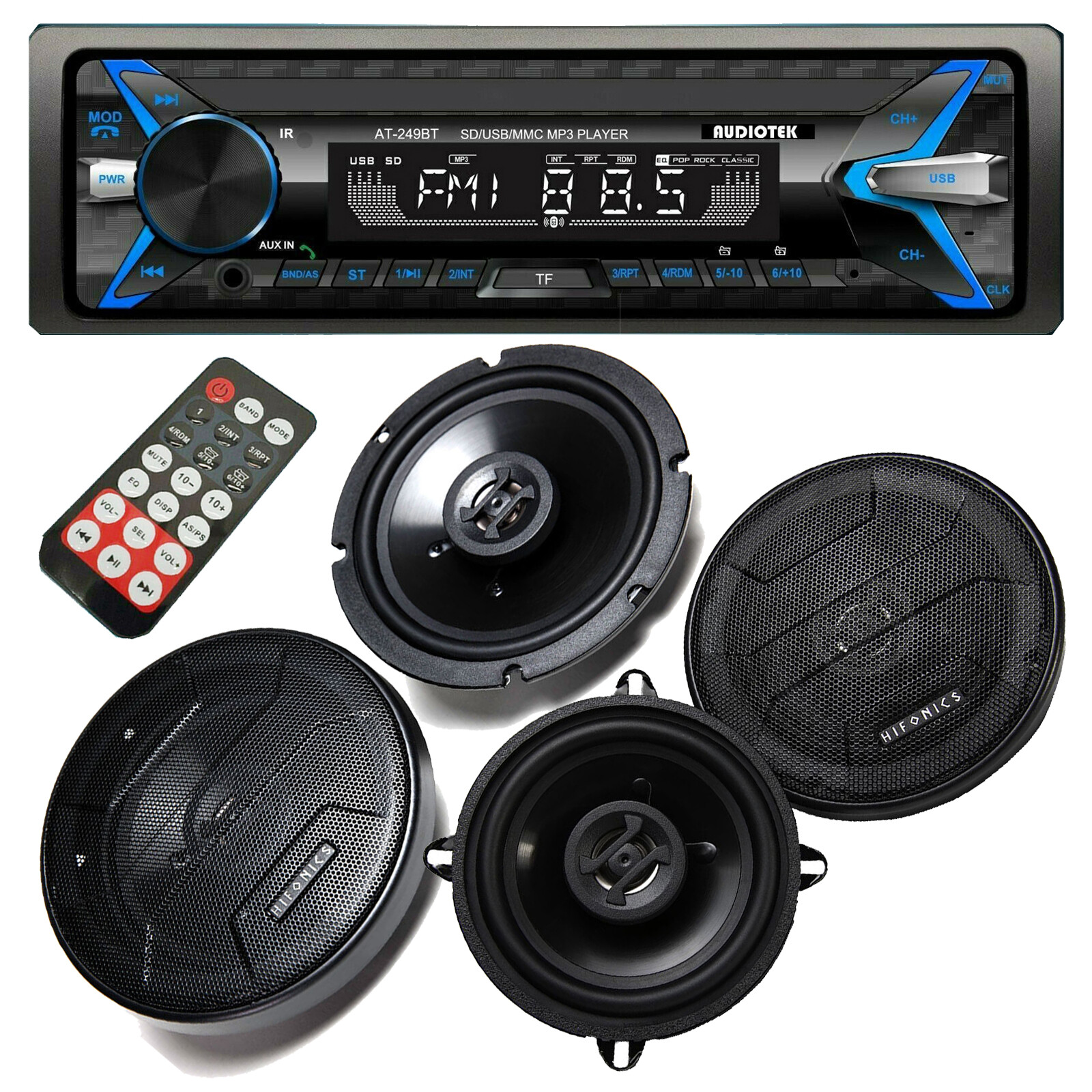 4x Hifonics 6.5″ 5.25″ Speakers + Audiotek AT-249BT Digital Receiver Bluetooth