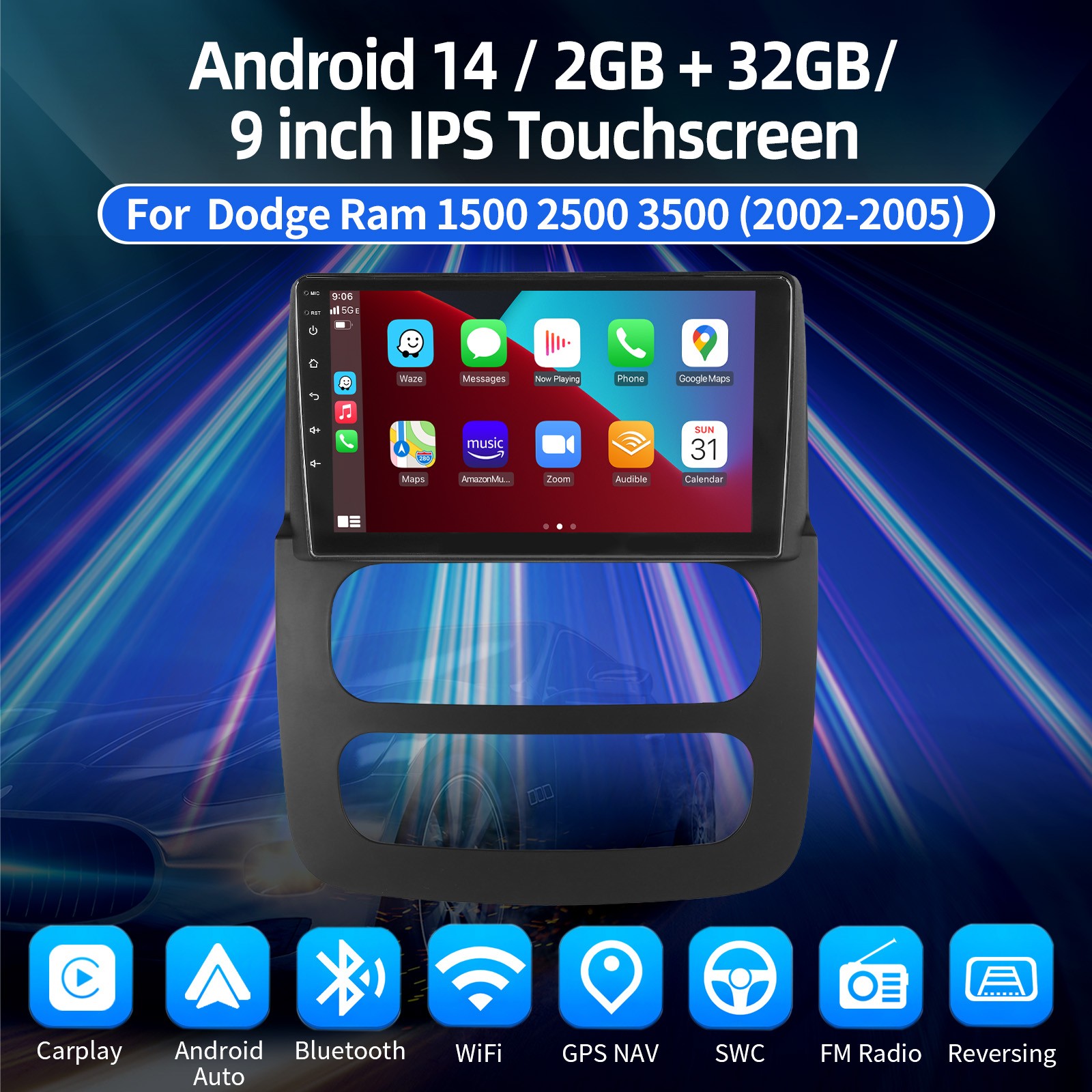 2+32G Car Stereo Radio Android 14 Carplay For 2002-2005 Dodge Ram 1500 2500 +DVR