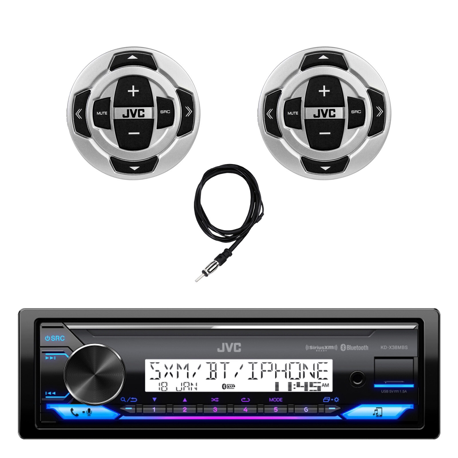 JVC in-Dash Marine USB Bluetooth Receiver, 2x Wired Remote Control, 22″ Antenna