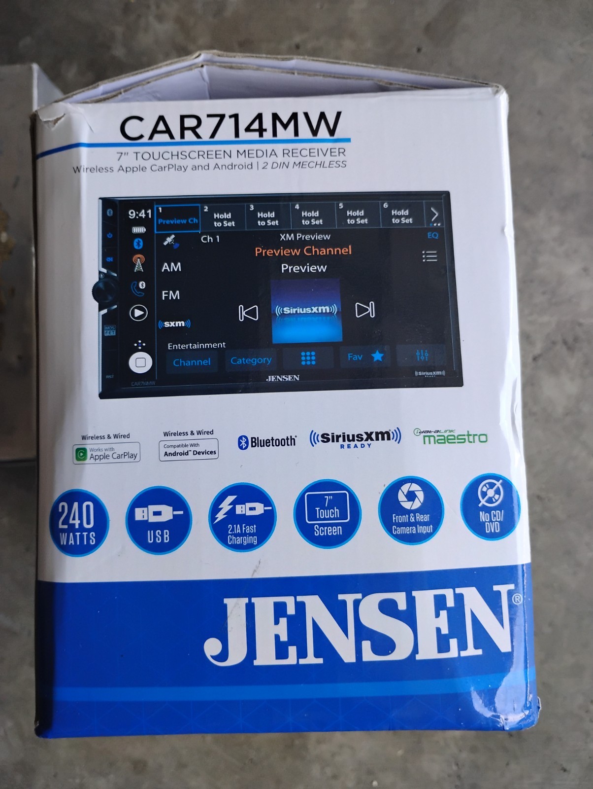 Car radio Jensen with harness and Sirius XM Connect Tuner. 7 inch touchscreen.