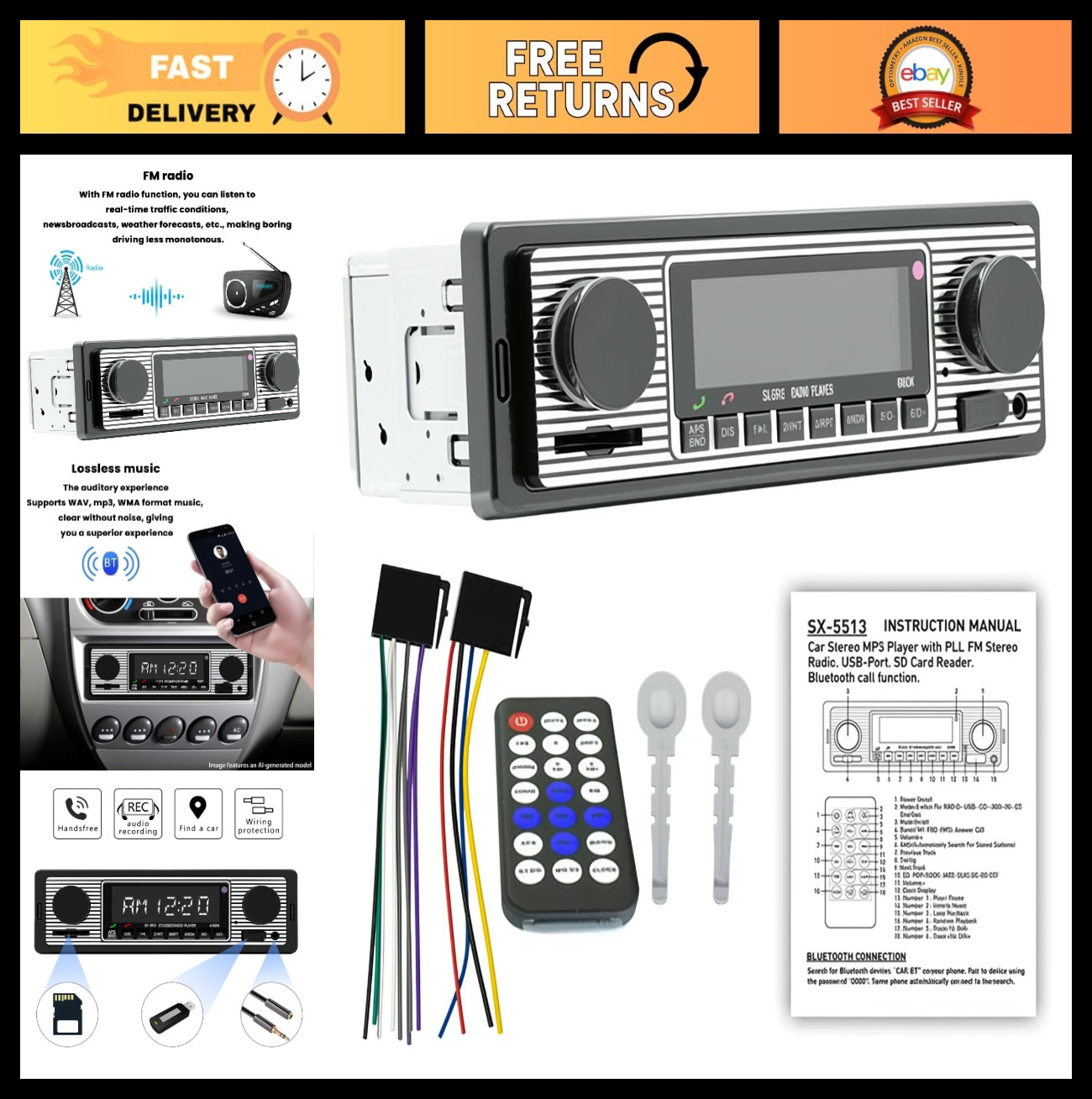 Bluetooth Single Din Car Stereo, Hands-Free Calling, FM Radio, USB/SD/AUX, Remot