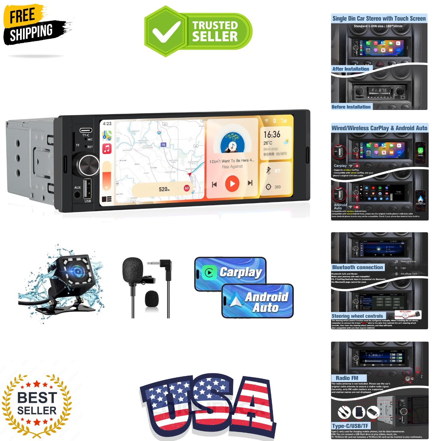 Universal Single Din Car Stereo with Wireless CarPlay & Android Auto, IPS Tou…
