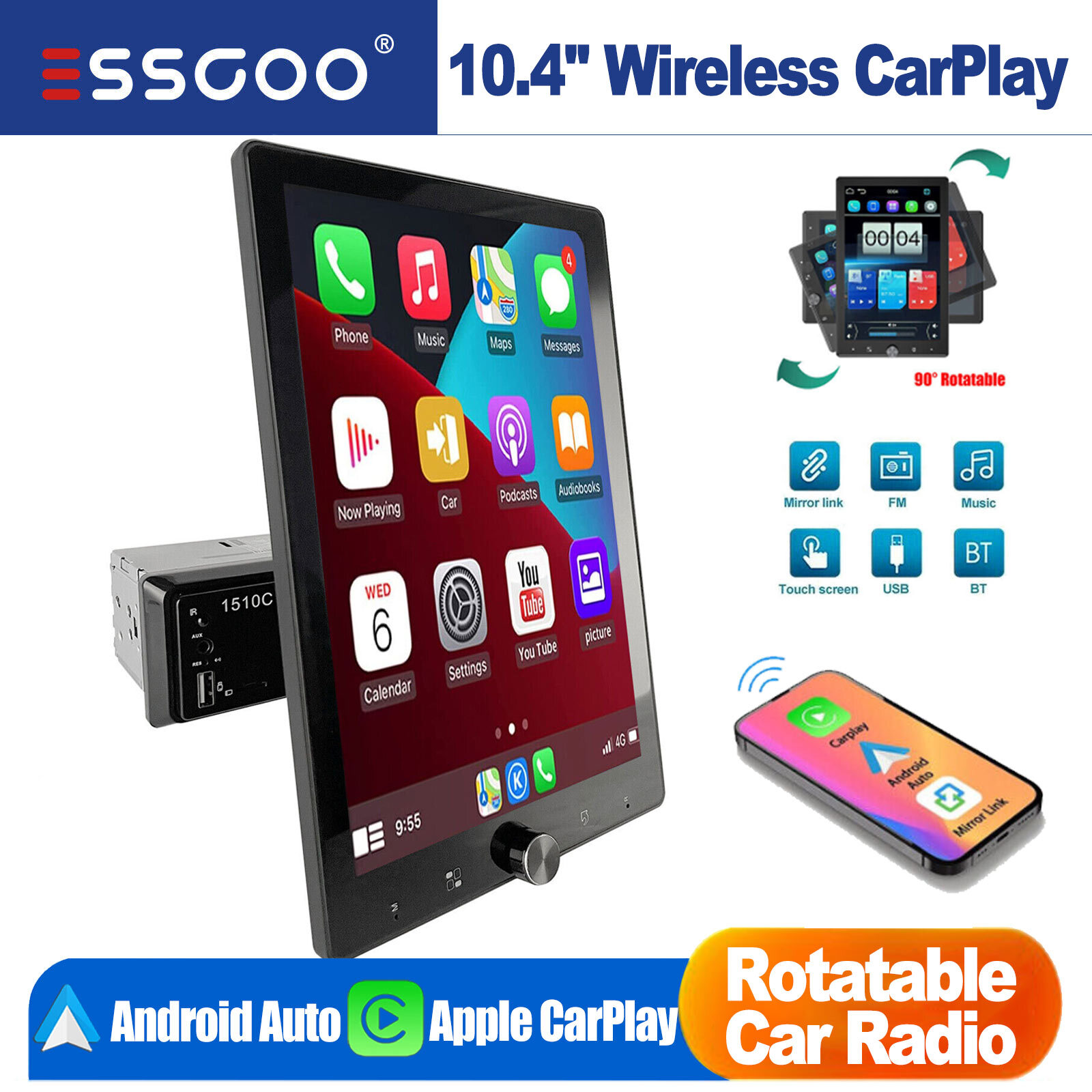10.4″ Single DIN Car Stereo Wireless Apple CarPlay Android Auto Head Unit AUX FM
