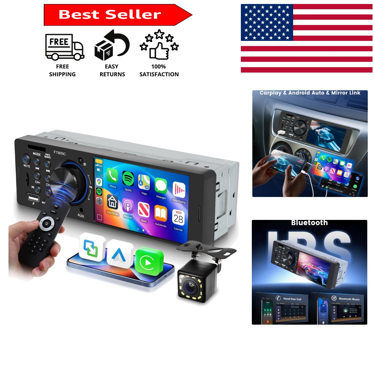 4-Inch Single Din Car Stereo with Bluetooth, CarPlay & Android Auto Connectivity