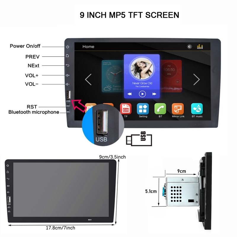 9″ Single 1 Din Bluetooth MP5 Player FM Mirrorlink Touch Screen Car Stereo Radio