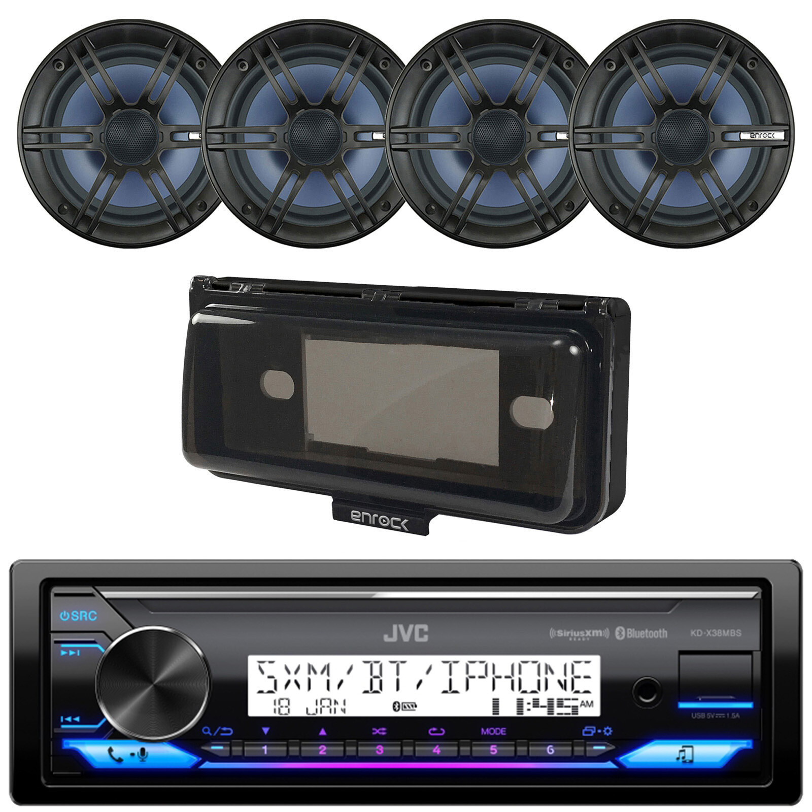 JVC KD-X38MBS 1 DIN USB LED Stereo Receiver, 4x 6.5″ Speaker, Radio Cover