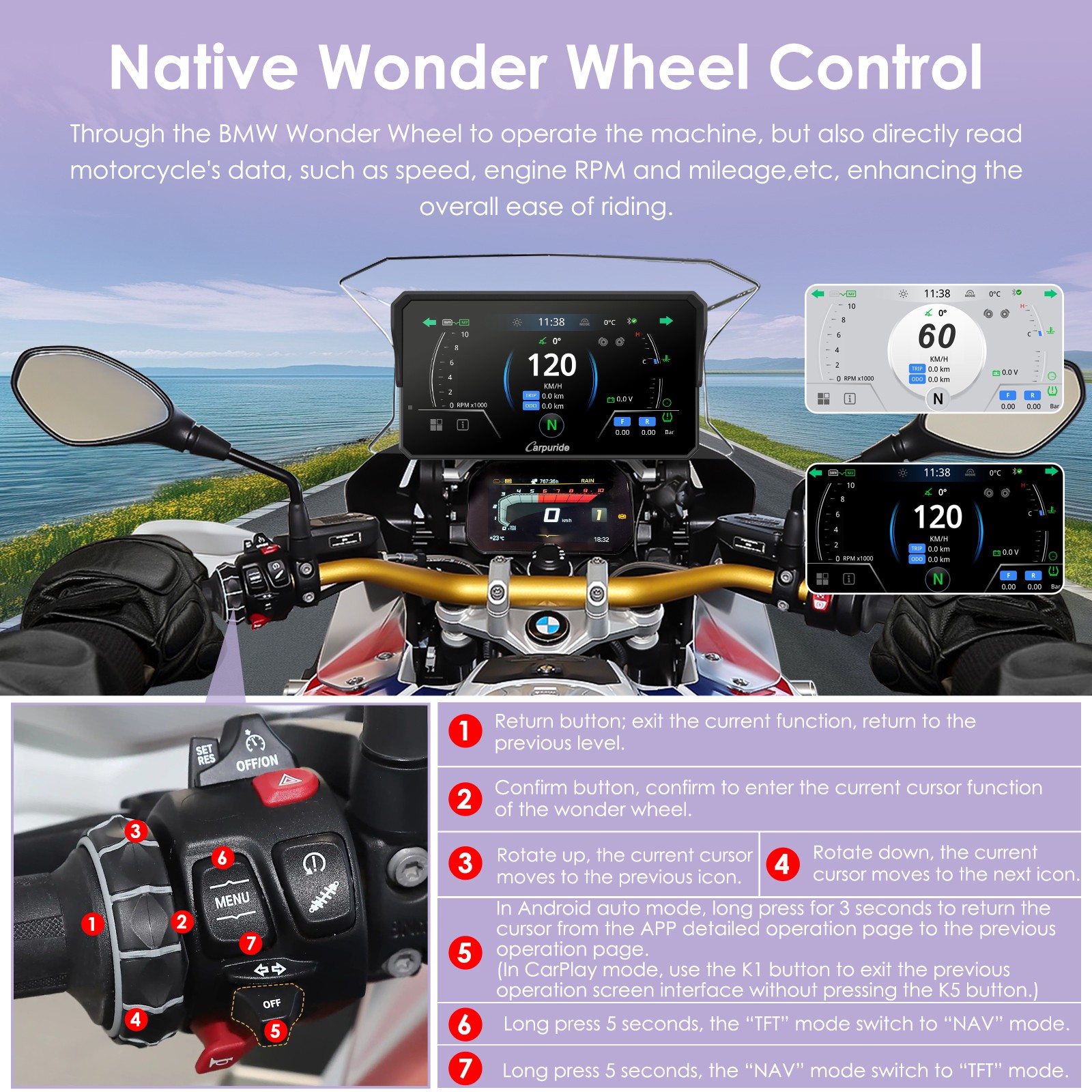 Carpuride W602BSPro Designed for BMW Moto Compatible Wonder Wheel Dashboard Info
