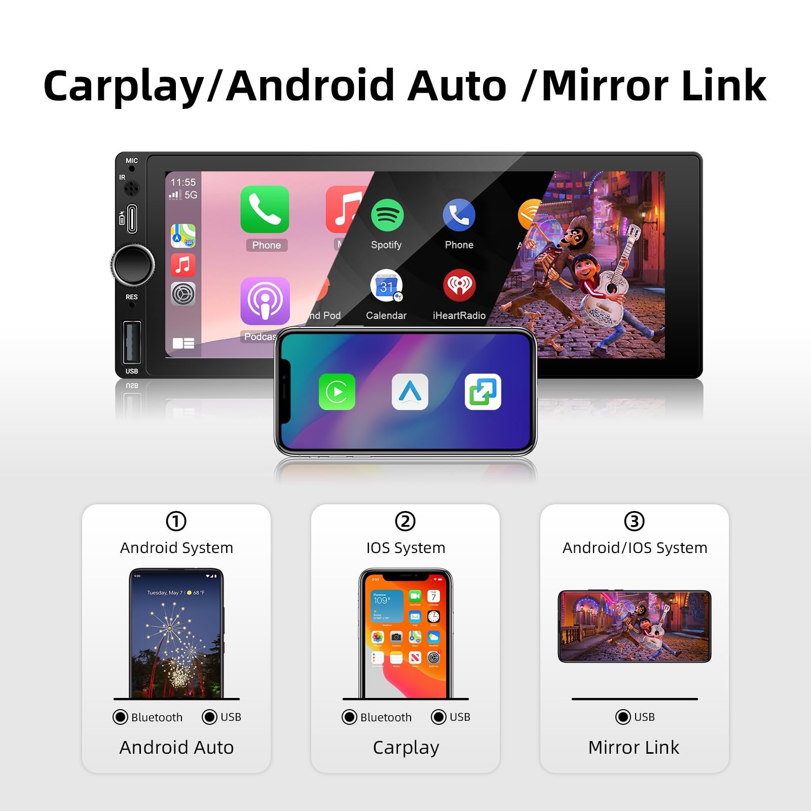 Single Din Car Stereo with Wireless Carplay Android Auto IPS black 6.86 Inch