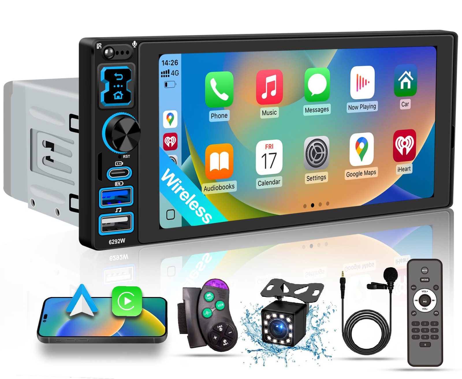 Single DIN Car Stereo Radio with Wireless 7.01″ (W) × 2.91″ (D) × 1.97″ (H)