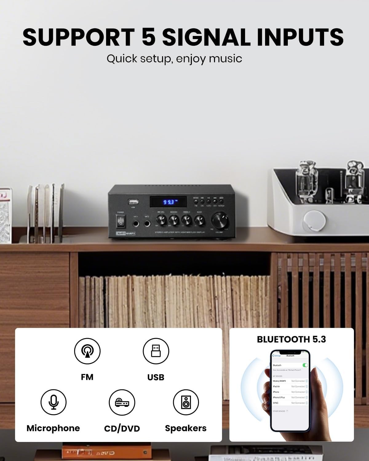 MAMP3 2.0 Channel 300W Bluetooth 5.3 Home Audio Stereo Amp USB FM RCA US