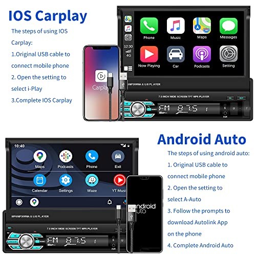 (Stable) 7 Inch Single Din Carplay Car Stereo, Flip Out Touch USB, Carplay