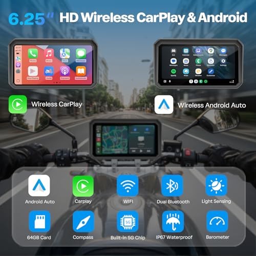 Motorcycle CarPlay Screen with 6.25”+Dual 2K Cam+TPMS+Magnetic Mount+64GB