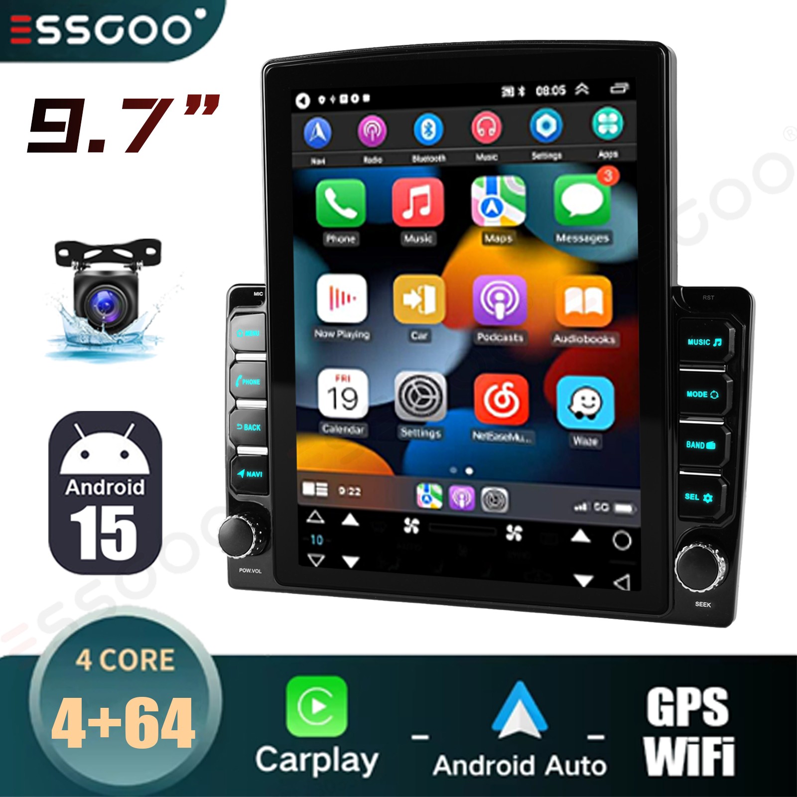 9.7″ Android 15 CarPlay 4+64GB Car Stereo Radio Double 2DIN WiFi GPS Navi+Cmaera