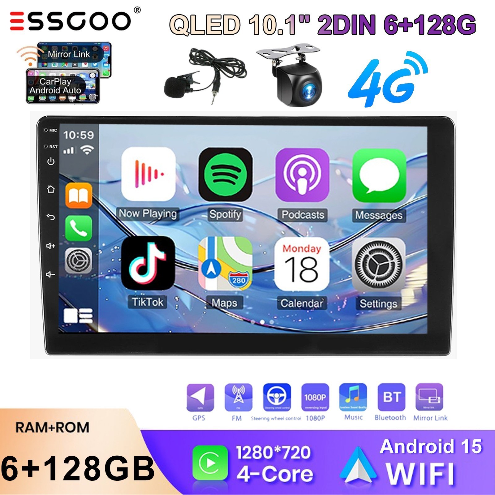 6+128GB 10″ Car Stereo Radio Double 2 DIN GPS WIFI SWC BT Carplay Touch Screen