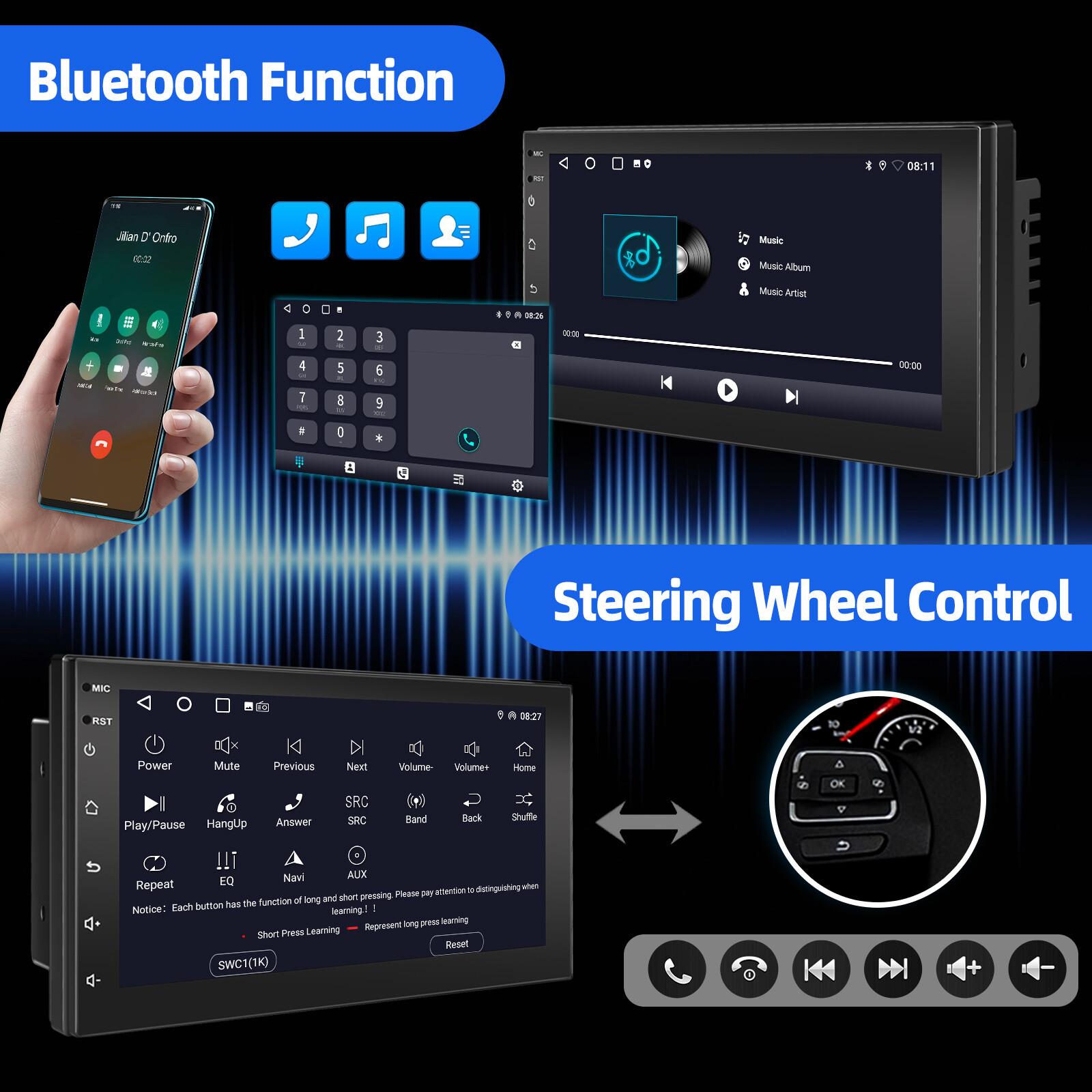 7 Inch Android 13 2+32G Apple Carplay Stereo Bluetooth GPS Nav FM Douuble 2 DIN