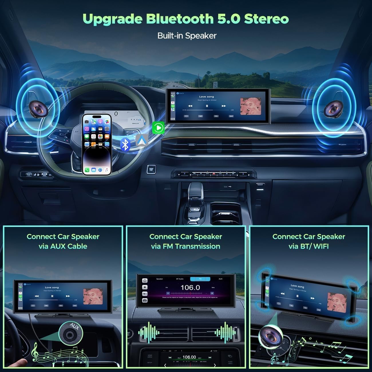 Portable 10.26″Car Stereo Wireless Apple CarPlay Android Auto 4K+1080P Dash Cam