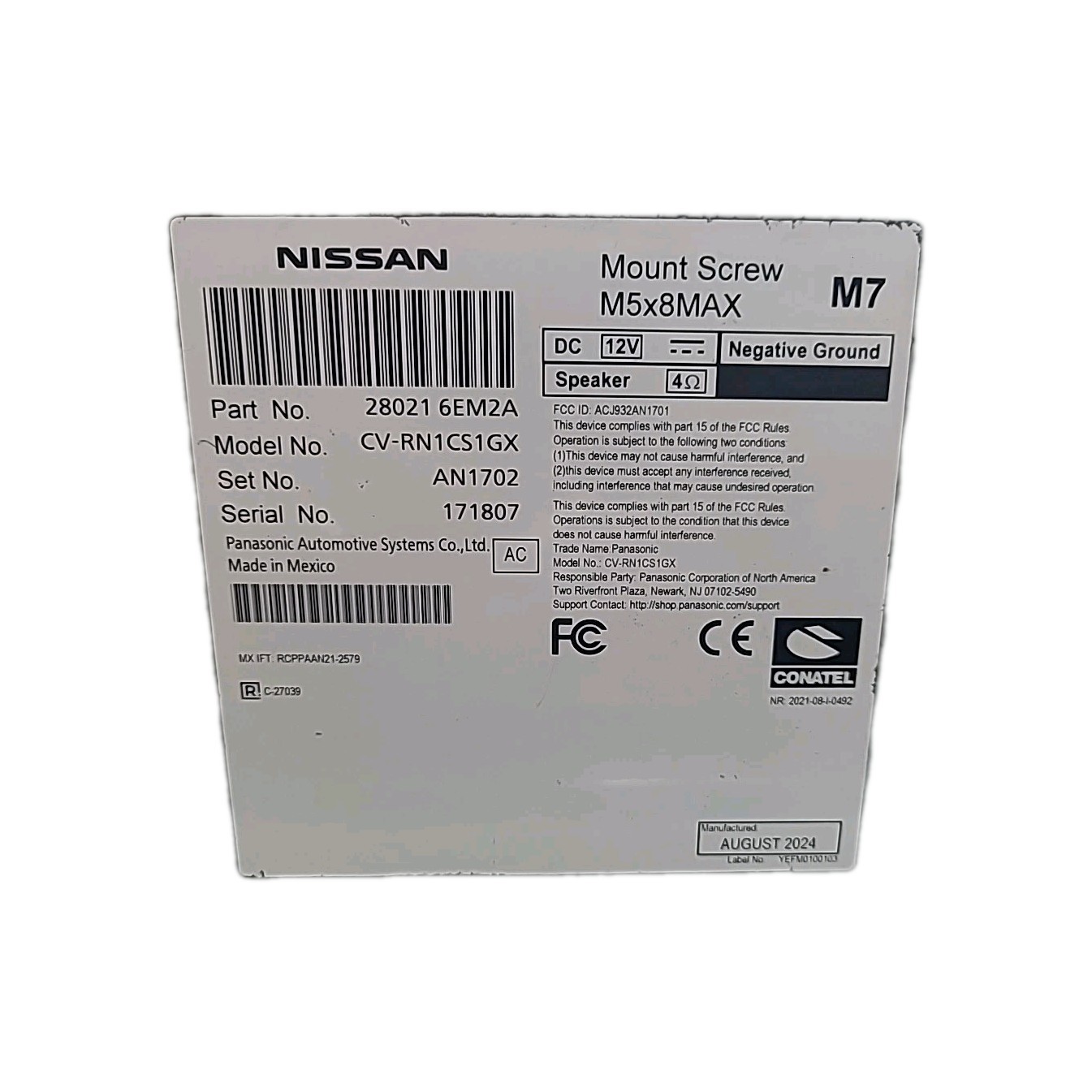 Nissan 2017-2018 Versa Multimedia Receiver 2818596EM2A 9.5/10 Condition