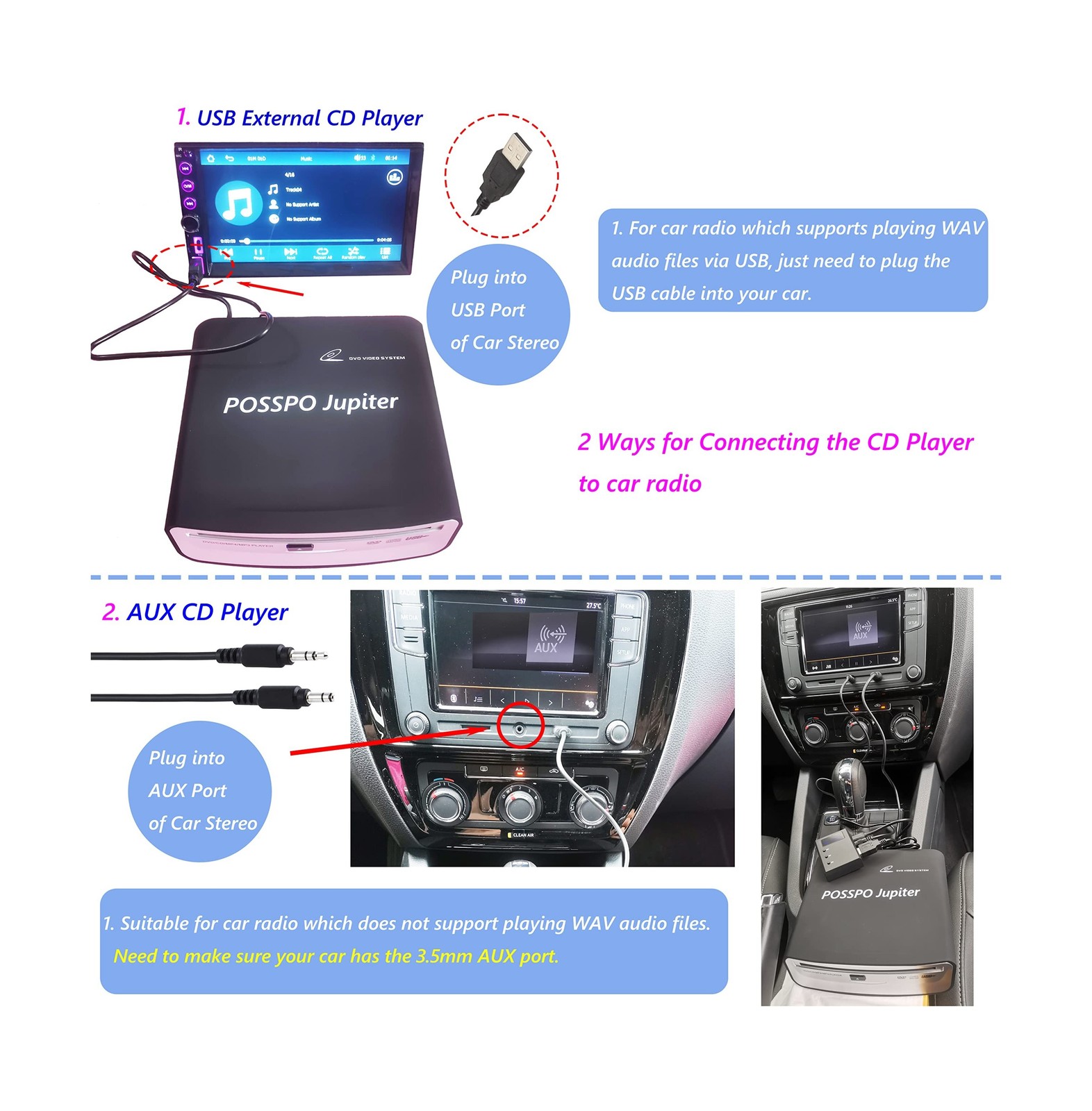 CD DVD Player for Car with USB Port and AUX Port – Plug and Play for CarPlay