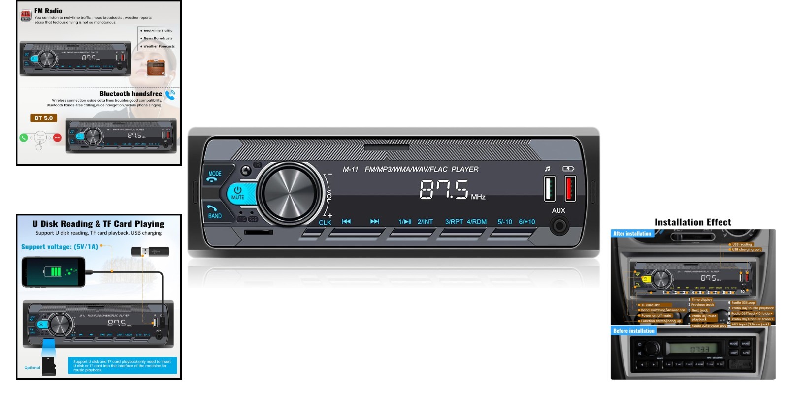 Smart Single Din Car Stereo with Bluetooth 5.0, Remote Control & Audio Recording