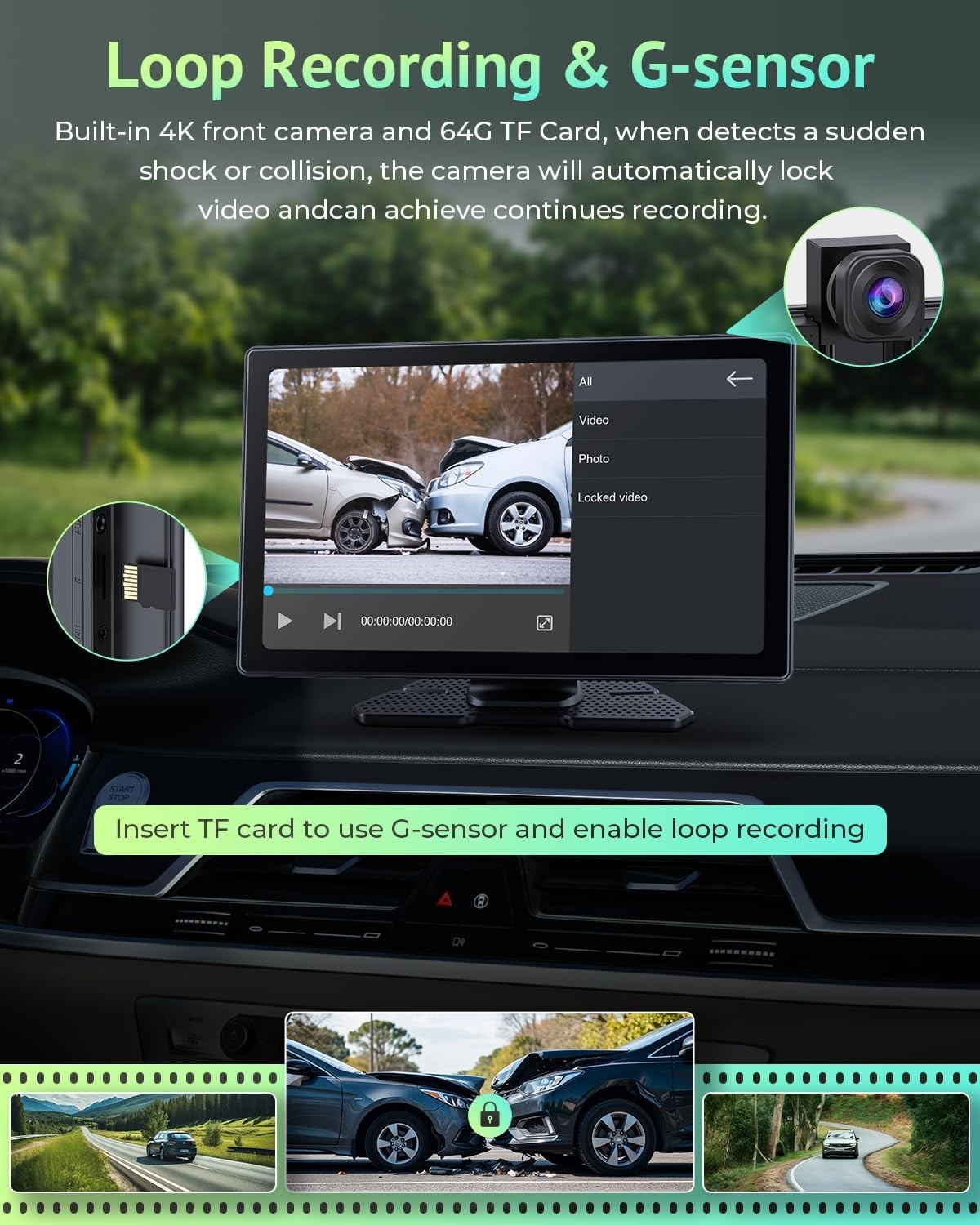 Carplay Screen 9in 4K Dash Cam Backup Camera GPS Navigation