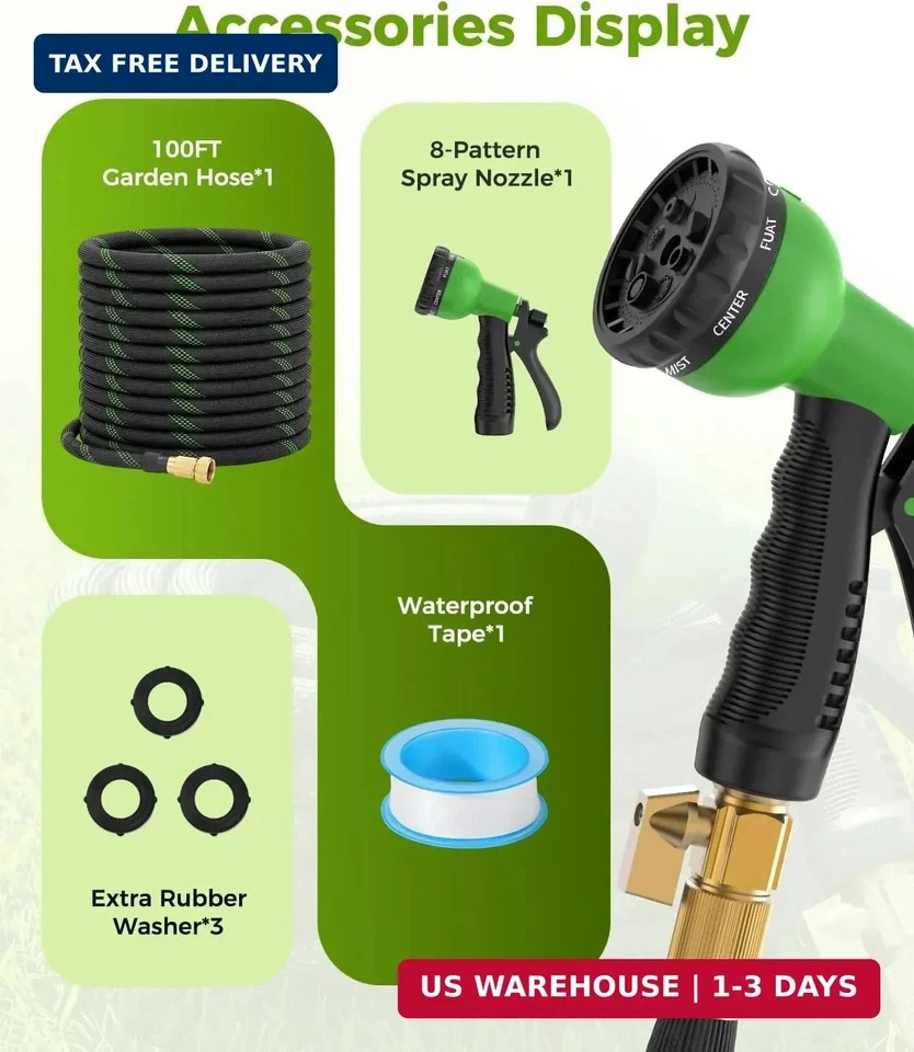100ft Garden Hose, Non-Expandable Water Hose with 8 Function Spray Nozzle, Light