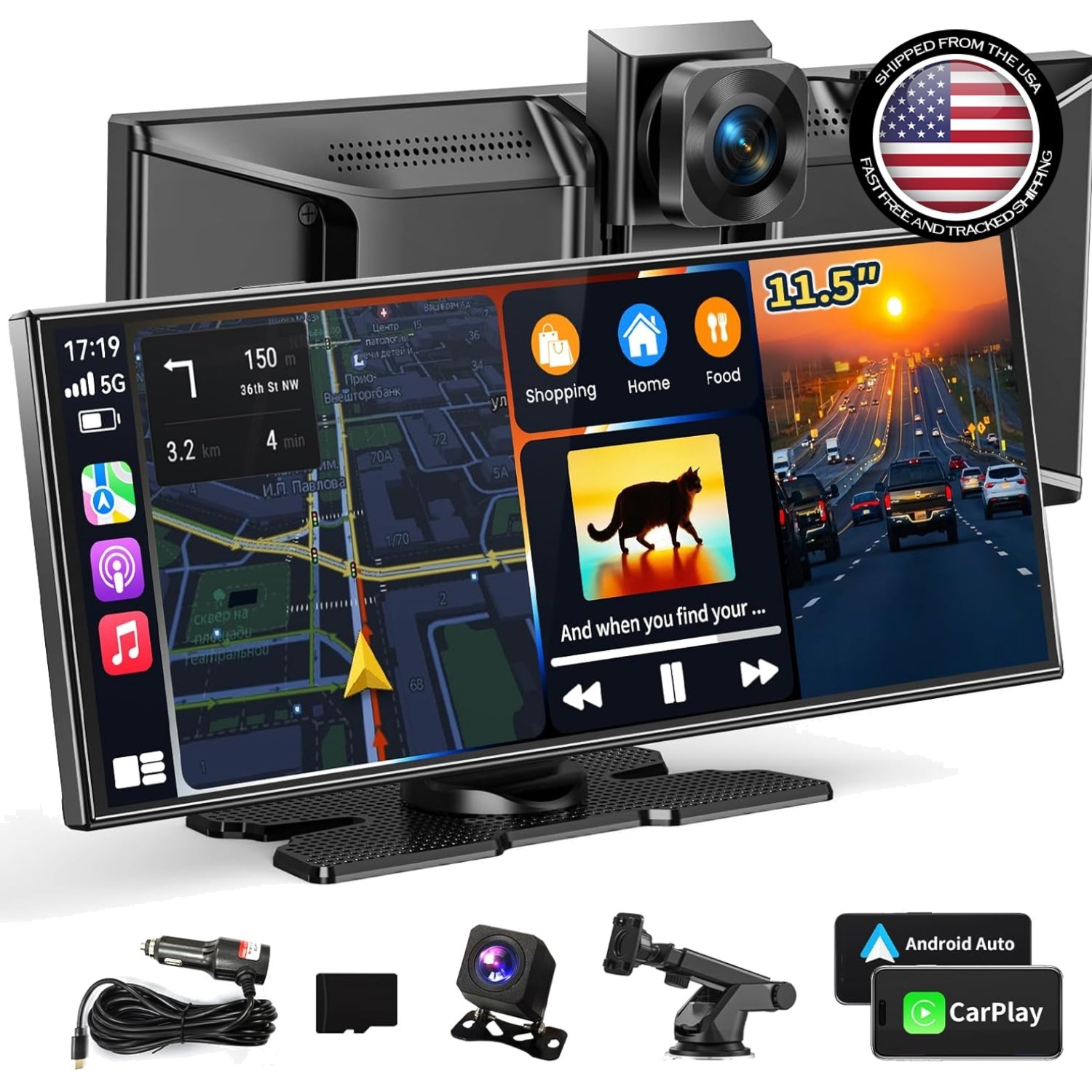 Largest 11.5″ Portable Carplay Screen for Car, 4K Wireless Car Play & Black