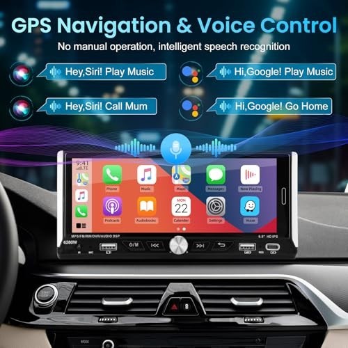 Single Din Car Stereo 6.9″ Touchscreen, Wireless Apple Carplay, Android Auto, Bl