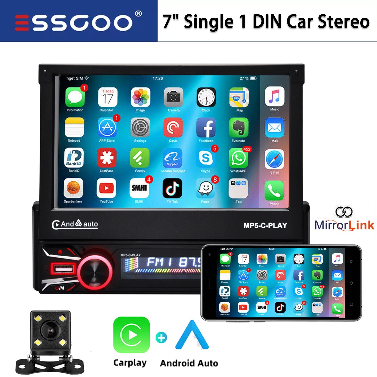 7″ Single 1 DIN Car Stereo Flip Out Touch Screen Radio Carplay MP5 USB +Cam BT