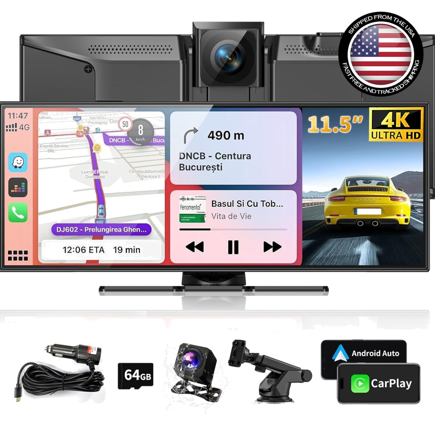 Largest 11.5″ Portable Carplay Screen for Car, 4K Wireless Car Play & Black