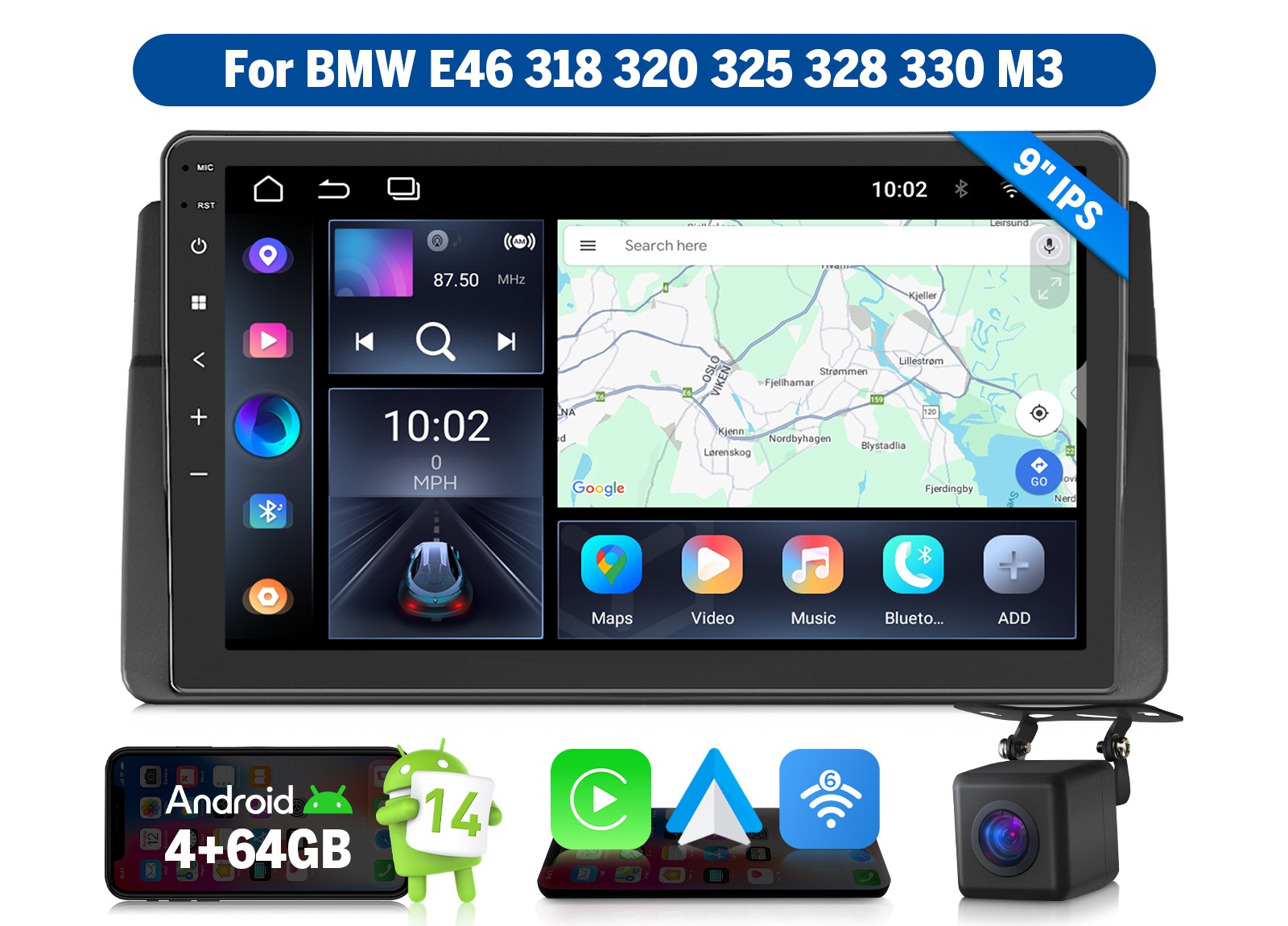 For BMW E46 325i 9″ IPS HeadUnit Car Stereo Wireless CarPlay Android Auto 14 GPS