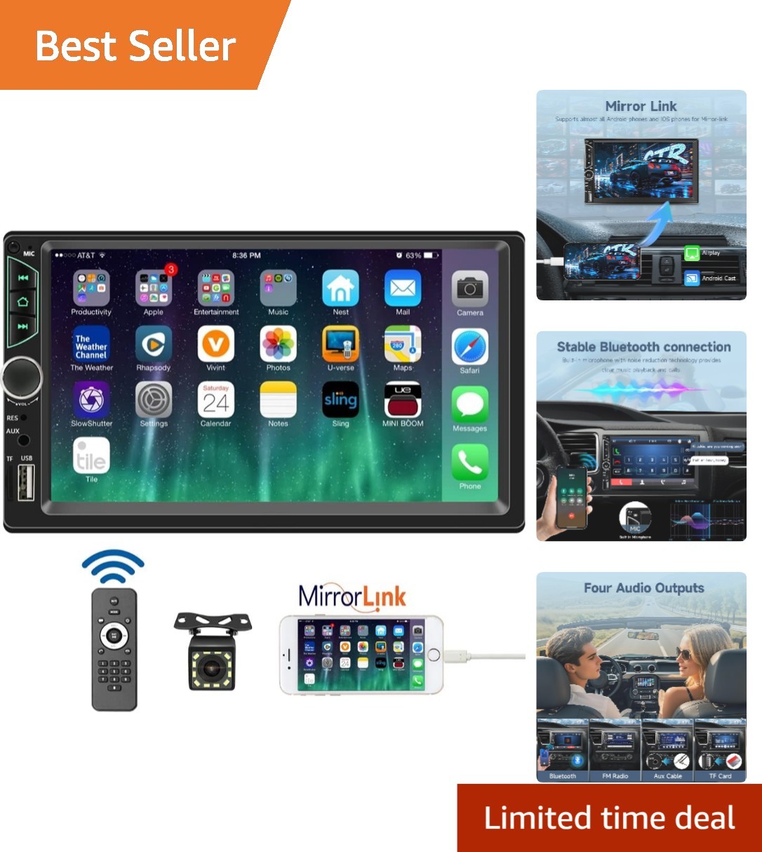 7 Inch Double Din Car Stereo Touchscreen with Backup Camera Bluetooth FM Support