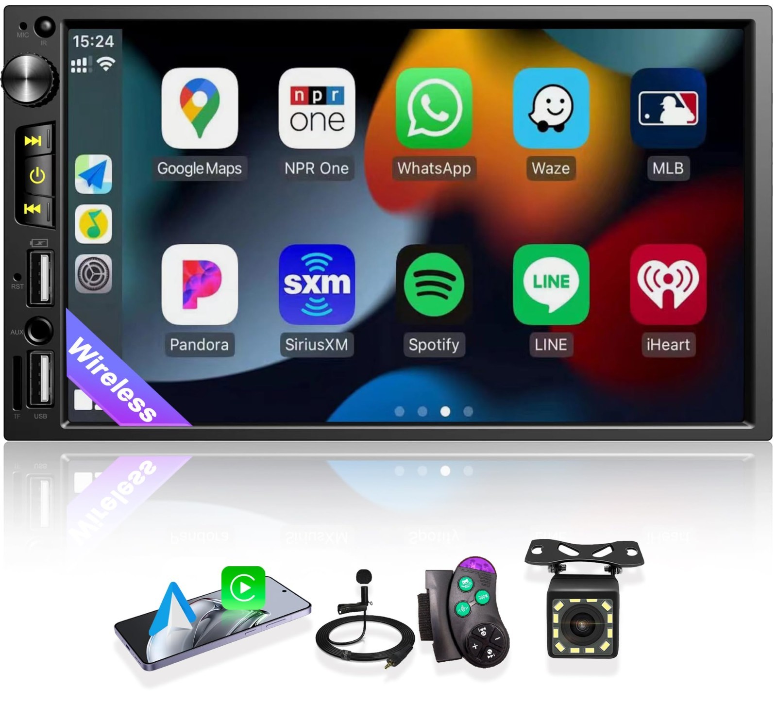 7″ Double Din Car Stereo – Wireless Apple CarPlay, Android Auto, Bluetooth 5.2,