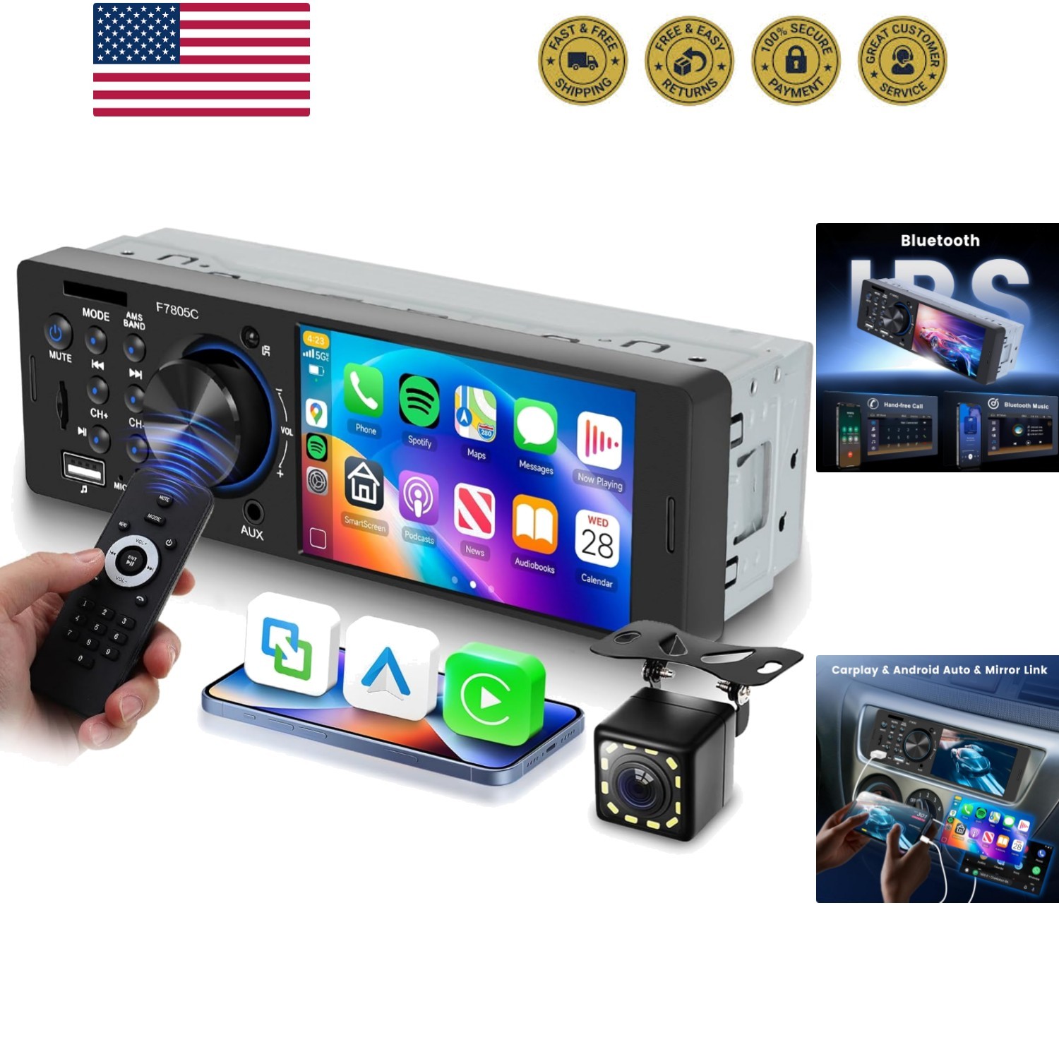 Single Din Car Stereo with CarPlay Android Auto, Touch Screen Car Audio Recei…