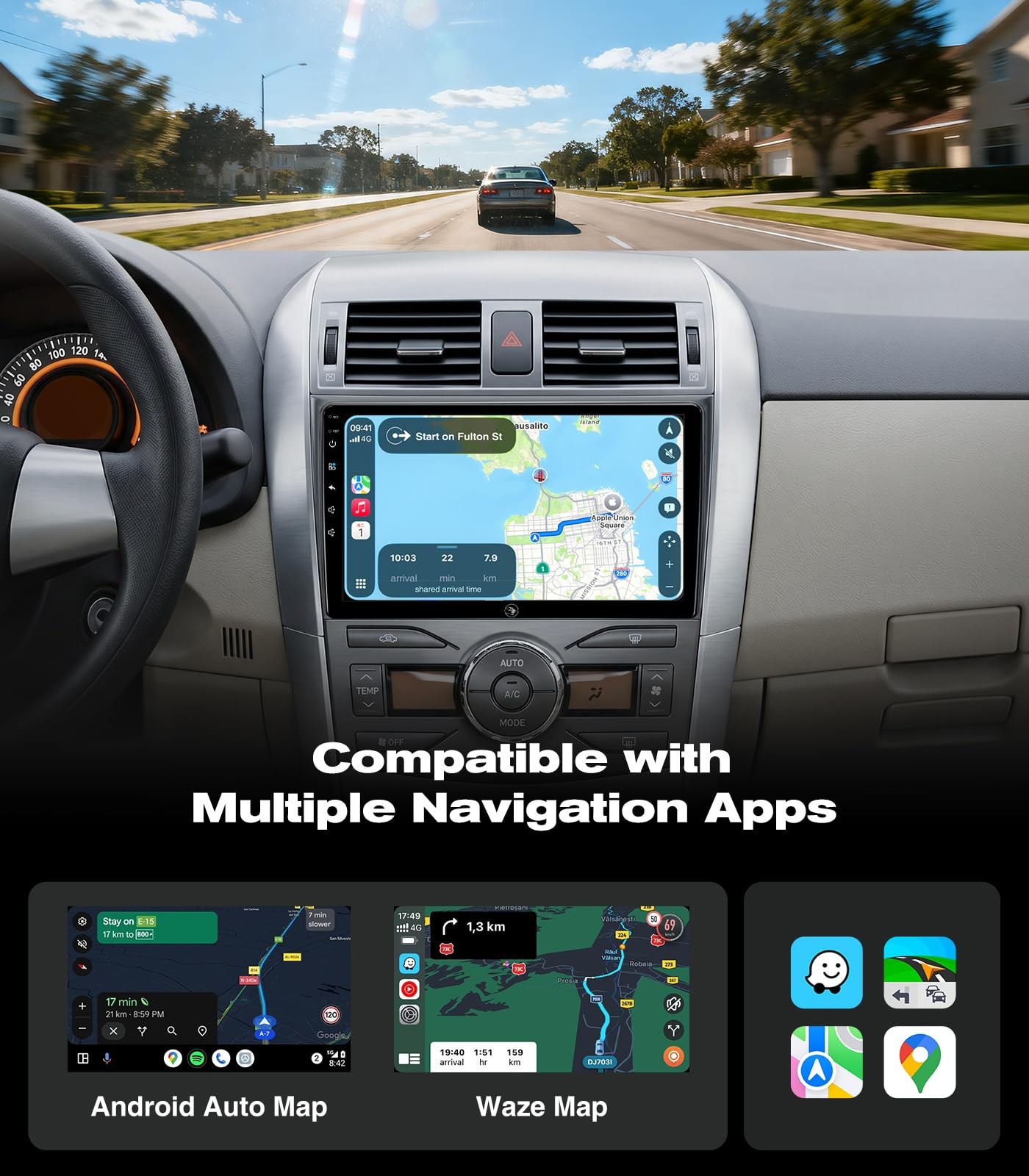 Wireless CarPlay Android Auto 9″ Car Stereo for Toyota Corolla 2008-2013
