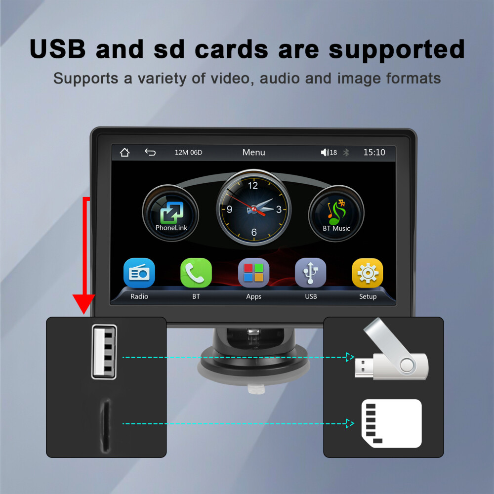 7” Portable Wireless Apple CarPlay Android Auto Stereo Touch Screen Car Radio
