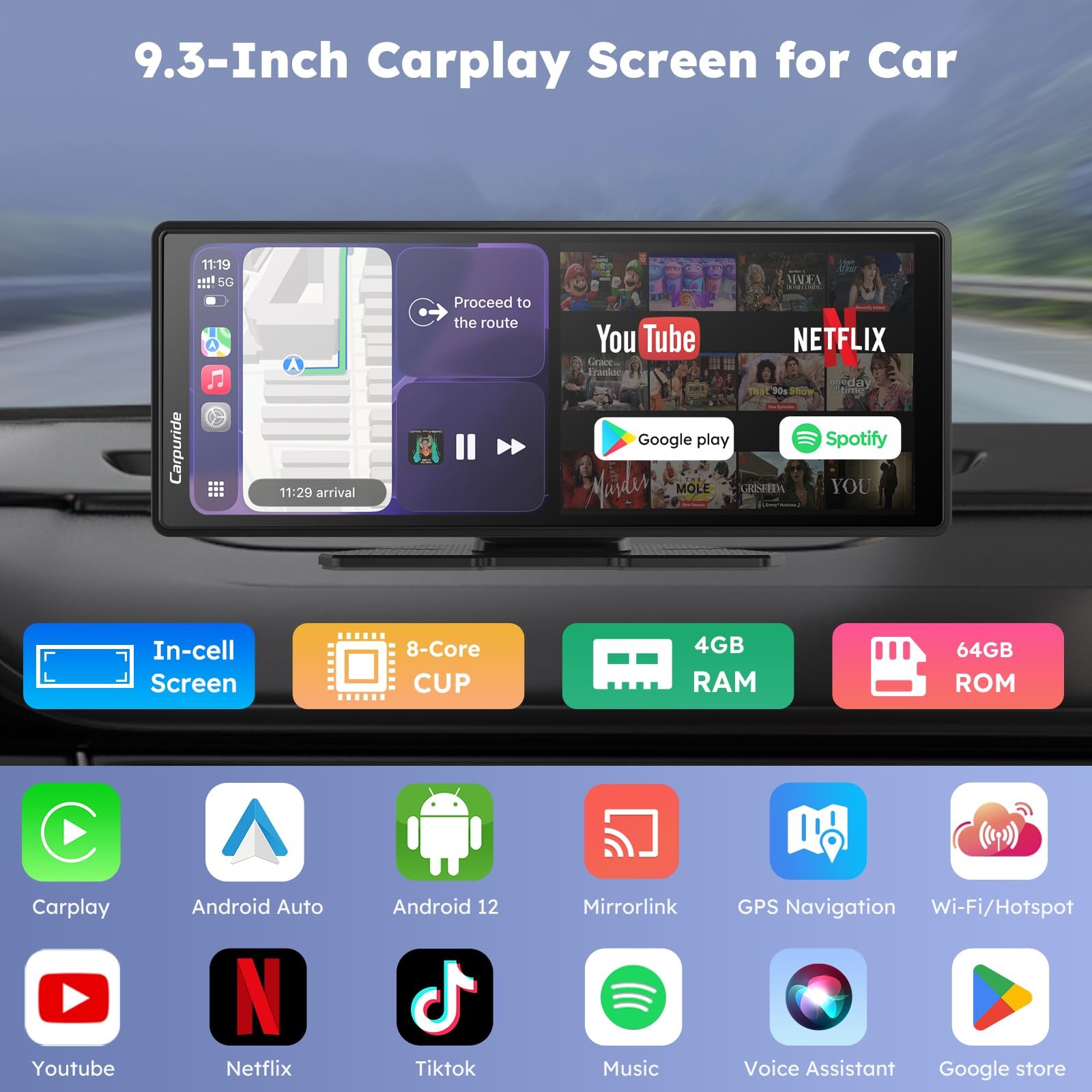 CARPURIDE W903Plus 9.3″ Wireless CarPlay & Android Auto, 4GB RAM, 64GB Storage