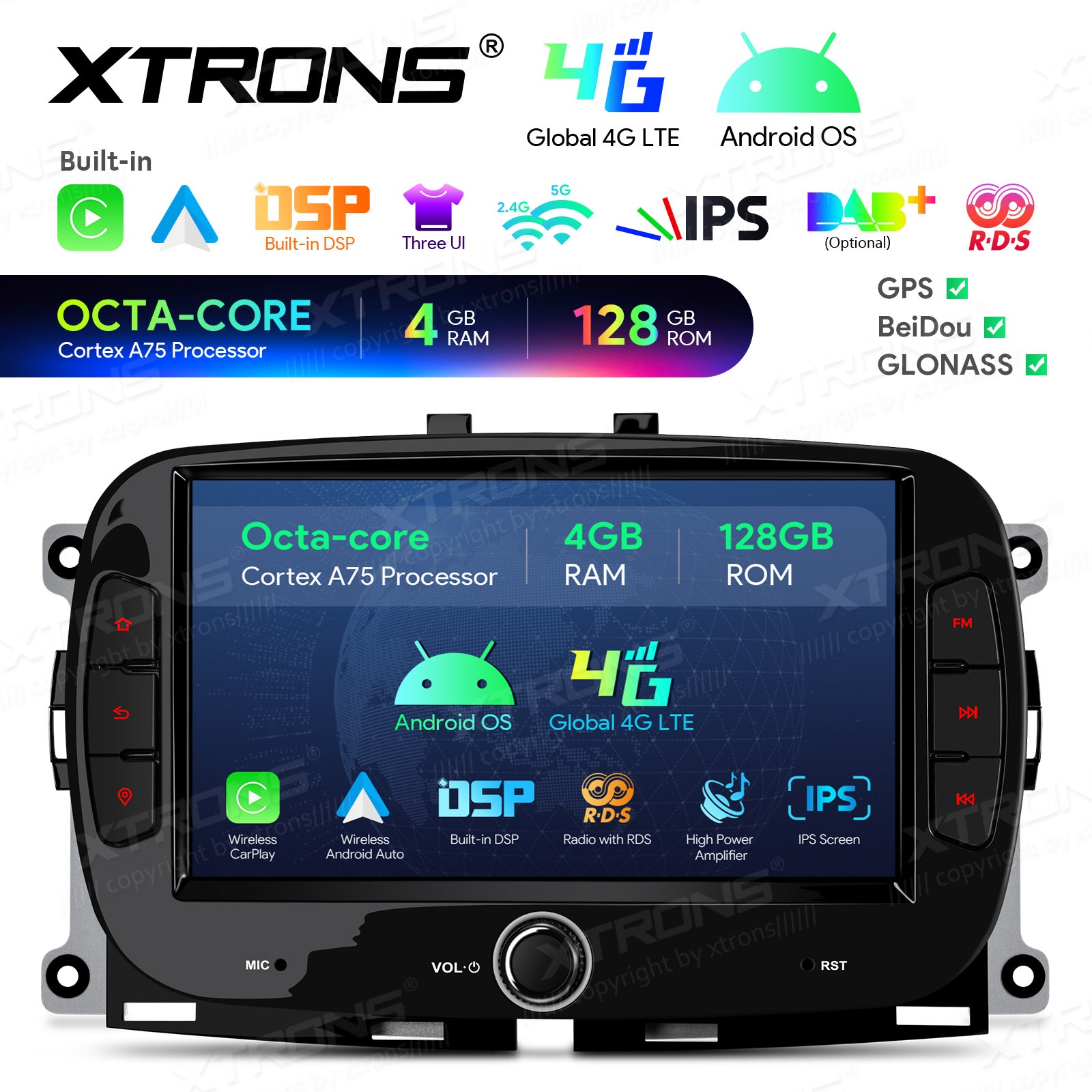 CarPlay For Fiat 500 Android 13 8-Core Car Stereo Radio RDS GPS 4G LTE WiFi 64GB