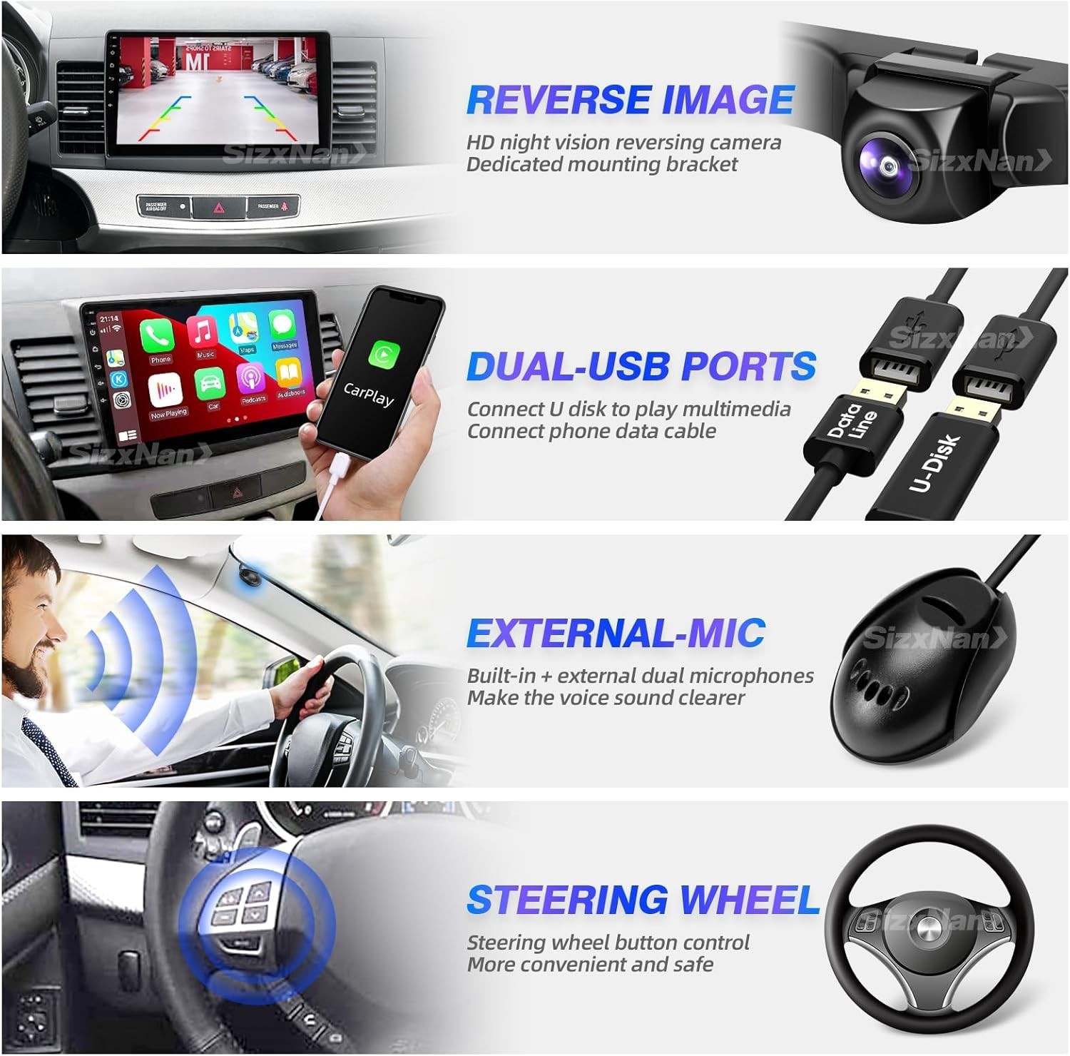 SizxNanv Lancer 2008-2017 Stereo Carplay Android Auto 2GB + 32GB 8 Core 10″ Scr